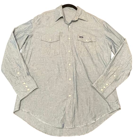 Wrangler Blue Chambray Denim Pearl Snap Button Down Shirt L XL - Picture 1 of 9